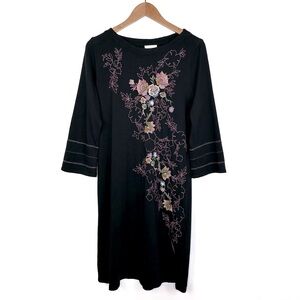 J. Jill Black & Pink Floral Embroidered Cotton Blend Knit Midi Shift Dress Sz S